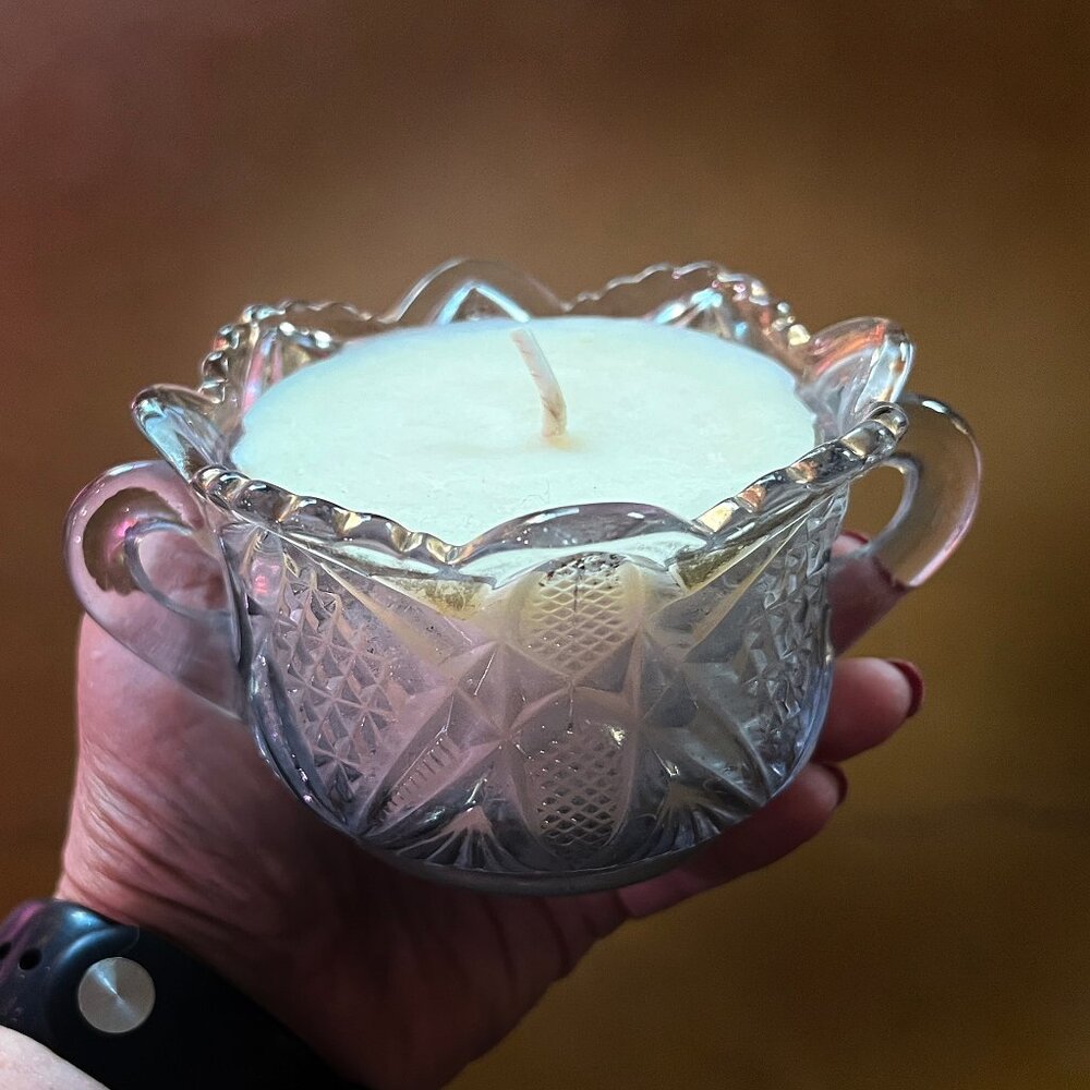 Upcycled Vintage Sugar Bowl Massage Candle Lotion Vanilla Tonka Scent